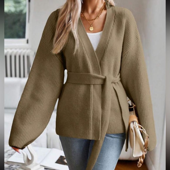Sweaters - tan Belted knit sweater tie belt wrap cardigan- oversized fit